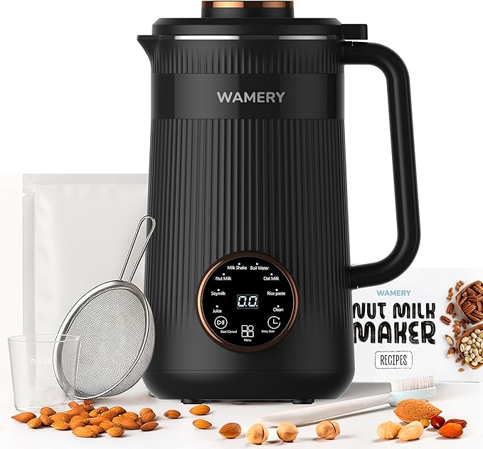 Wamery 32oz Nut Milk Machine (Black) - Soy Milk Maker for Almond &amp Oat Blender Automatic Heated Programs Self‑Cleaning Delay Start Keep Warm &amp Boil Water 1‑Liter Capacity with Starter Ki