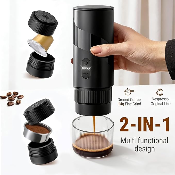 2 in 1 Portable Electric Coffee Maker None Self-heating 20-Bar Travel Coffee Maker Portable Espresso Machine for Car Camping Office Compatible with Coffee Powder and Nespresso Capsule