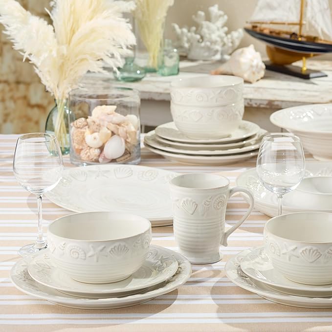 Coastline Cream 16-Piece Stoneware DINNERWARE SETSERVICE for 4 with embossed coastal shells and starfish detailing durable beach house tableware for relaxed coastal living and everyday dining