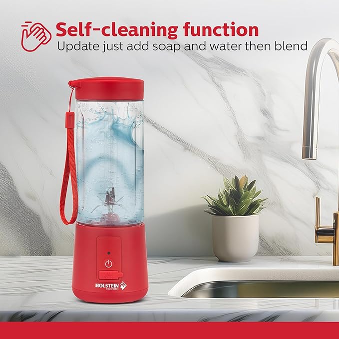 Holstein Housewares - USB Portable Blender 16oz Personal Smoothie &amp Shake Maker with Rechargeable Battery Type-C Fast Charging Spill-Free Lid &amp Indicator Light - Red
