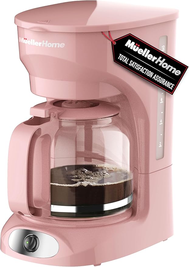 MUELLER HOME 12-Cup Pink Coffee Maker - Borosilicate Carafe Auto-Off Pink Kitchen Accessories Reusable Filter Anti-Drip Kitchen Appliances Keep-Warm Function