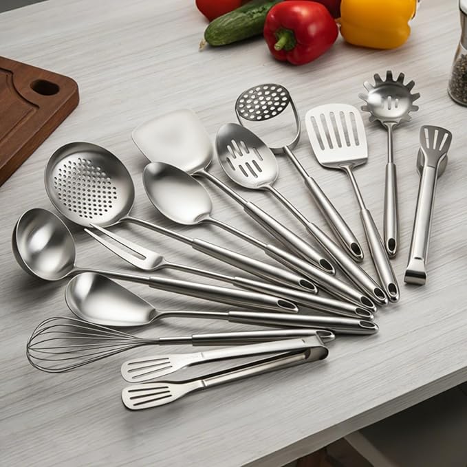 18/10 Stainless Steel Cooking Utensils Set 13 PCS Long Large Metal Cooking Utensil Tools Set Mirror Polished Kitchen Gadget Cookware and Kitchen Tool Set Dishwasher Safe