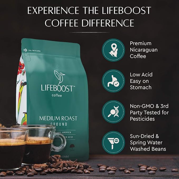 Lifeboost Coffee Ground Medium Roast Coffee - Low Acid Single Origin USDA Organic Coffee - Non-GMO Ground Coffee Third Party Tested For Mycotoxins &amp Pesticides - 12 Ounces