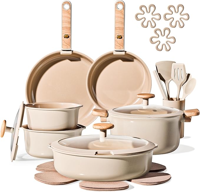CAROTE 25PCS Ceramic Nonstick Cookware Set Pots and Pans Set with Detachable Handle PFAS-Free Non-Toxic Induction &amp Oven Safe Stackable Space-Saving Taupe