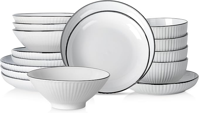 Christian Siriano Lustra Modern 16-Piece Stoneware Dinnerware Set Plates and Bowls Set Dinner and Salad Plates Ramen Bowls Dishes for 4 White