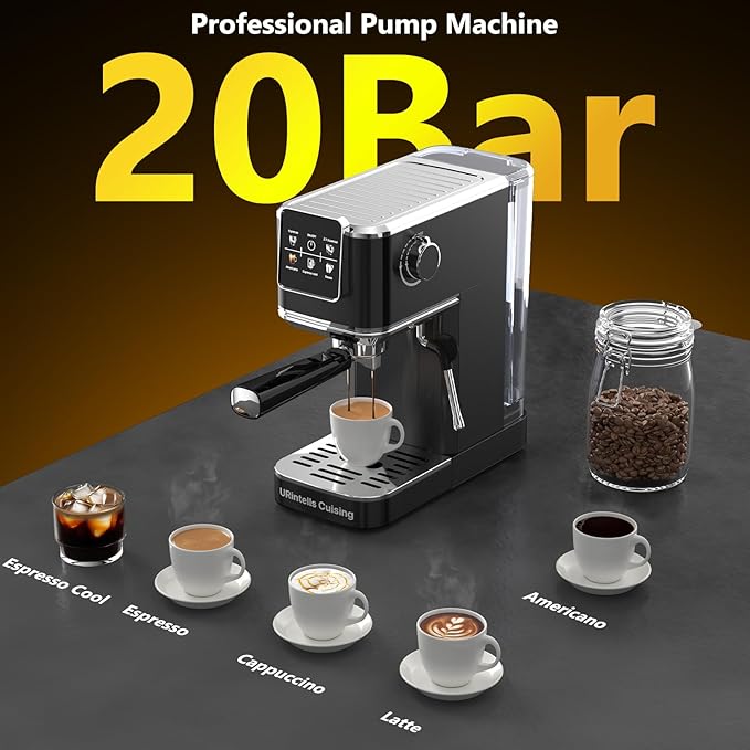 Espresso Machine 20 BarTouch Screen Espresso Maker with Steam Milk FrotherCompact Stainless Steel Coffee Machine for Cappuccino Latte Americano Espresso CoolGift for Coffee LoversBlack