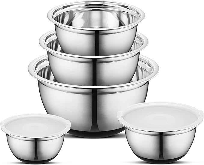 Avador Premium Stainless Steel Mixing Bowls with Lids Non-Slip Set of 5 Mixing Bowl Set with Silicone Base Space Saving Great for Cooking Baking Prepping (0.25qt 1qt 1.5qt 3qt 5qt)