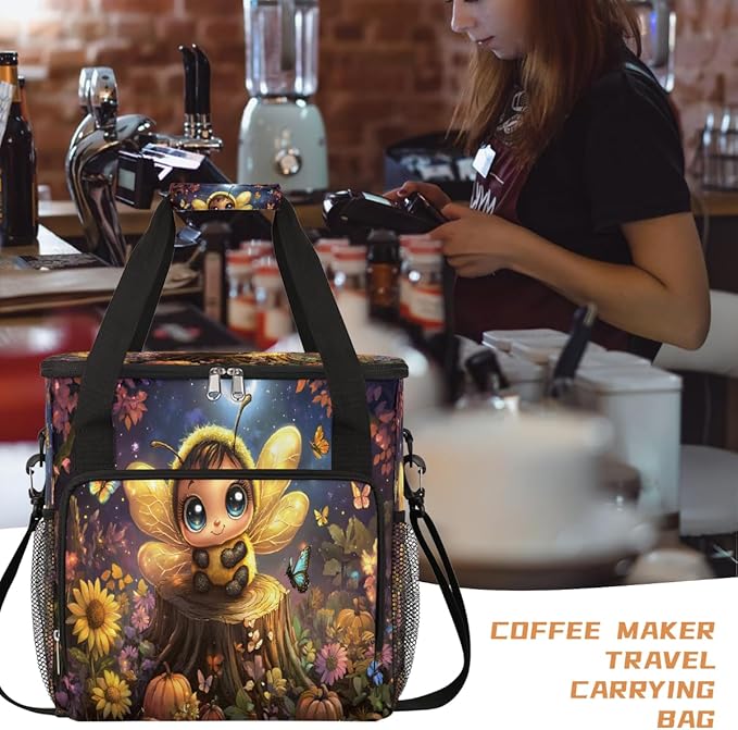 Cartoon Bee Flower Forest Coffee Maker Carring Bag Travel Carrying Storage Tote Bag Compatible with Keurig K-Mini or K-Mini Plus Portable Single Serve Coffee Brewer Case with Pockets for K-cup Pods