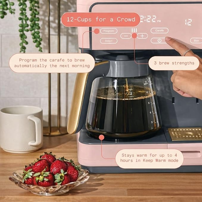 Multi Brew Coffee Maker with Single Serve and Carafe Brewing Options for Countertop Home Use (Rose)