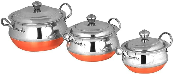 PARIJAT HANDICRAFT Stainless Steel Handi Cookware Set of 3 Pcs - PREMIUM Stainless Steel 3 Pcs Handi Cookware Set - Copper Bottom