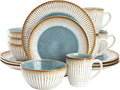16 Piece Stoneware Dinnerware Set Blue and Beige Plates and Bowls Microwave &amp Dishwasher Safe Dinner Set for 4 (Beige &amp Blue)