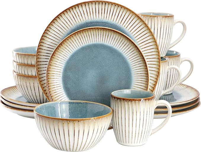 16 Piece Stoneware Dinnerware Set Blue and Beige Plates and Bowls Microwave &amp Dishwasher Safe Dinner Set for 4 (Beige &amp Blue)