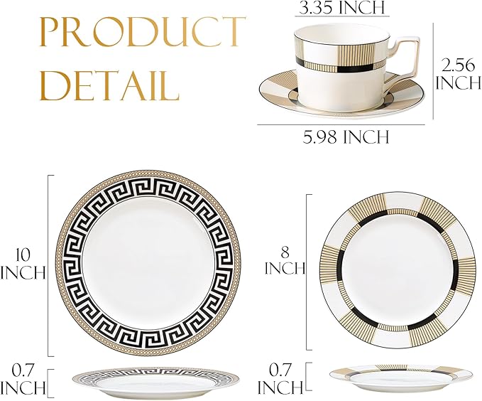 Premium Dinnerware Set for 4 16 Pieces Black and Gold Striped Dishes Set with Teacup snd Saucer Bone China Plate Sets for Brunch Housewarming Anniversary Present