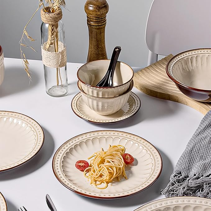 Vintage Ceramic Dinnerware Sets for 4 Farmhouse Style 20-Piece Plates and Mugs Beige Brown Rustic Embossed Stripe Design Dishwasher Microwave Safe