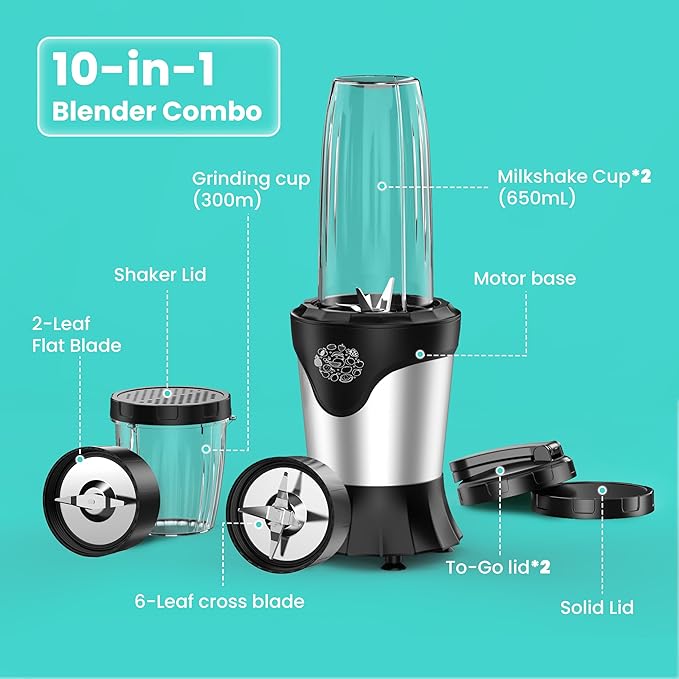Suavo Smoothie Blender 1100W Portable Personal Blender for Shakes and Smoothies with 2 * 22Oz To-Go Cups &amp Lids Includes Portable Coffee Grinder and 10Oz BPA-Free Travel Cup Countertop Mixer