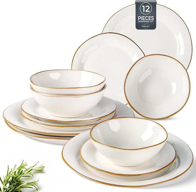 AmorArc Ceramic Dinnerware Sets Handmade Stoneware Reactive Glaze Plates and Bowls Set Scratch Resistant | Dishwasher &amp Microwave Safe Dishes Set Service for 4 (12pc)