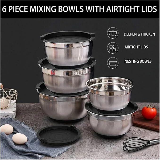 1/6PCS Silicone Bottom Thickened With Lid Cooking Basin Stainless Steel Egg Beating Salad Mixing Kitchen Baking(18 cm)