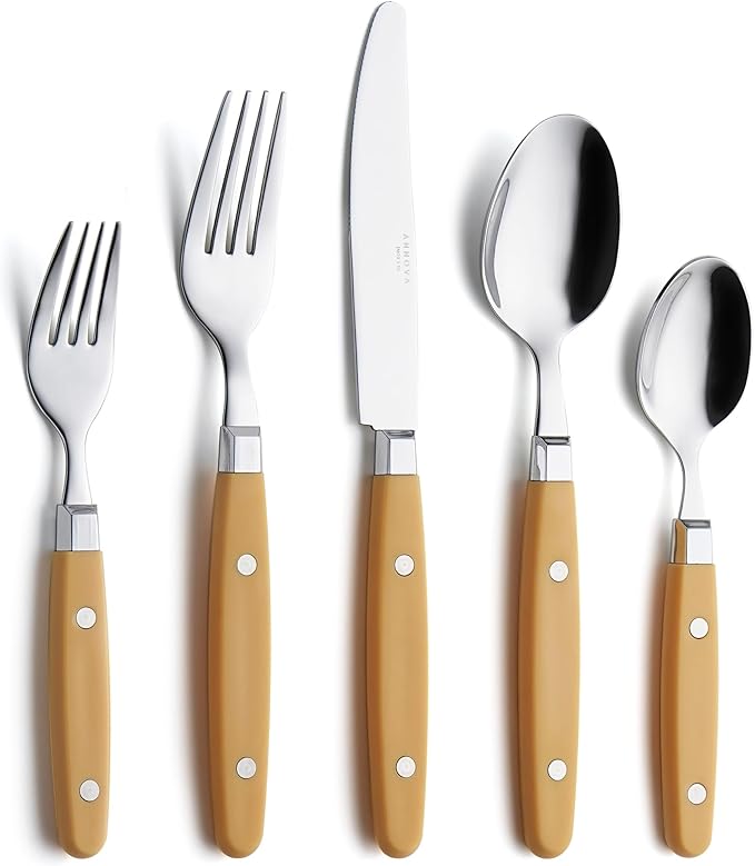 ANNOVA Silverware Set Retro/Rivet Colorful Stainless Steel Tableware Kitchen Flatware Set Utensils Includes Dinner Knives Forks Spoons Salad Forks &amp Dessert Spoons (Ginger Yellow 20 Pieces)