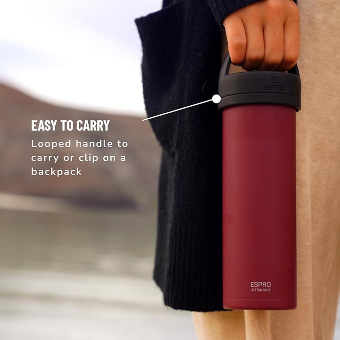 ESPRO P0 Ultralight French Press Coffee Maker for Travel Vacuum Insulated Stainless Steel 16 Ounces Cranberry