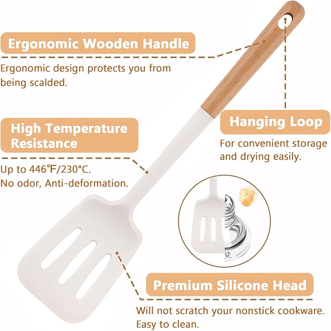 Silicone Cooking Utensils Set 5 Pcs Large Non-Stick Kitchen Utensils Set Wooden Handle Heat Resistance Turner Soup Ladle Spoon Silicone Cooking Kitchen Gadgets BPA Free for Nonstick Cookware