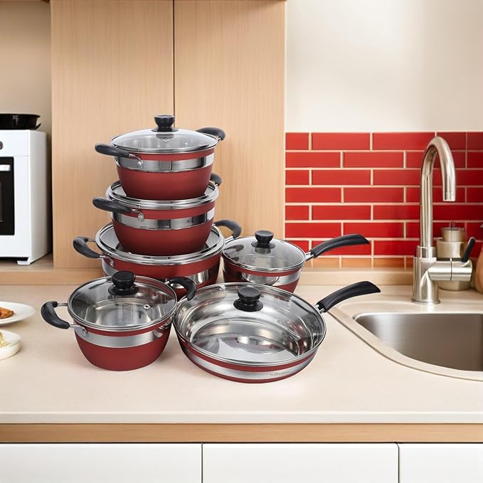 PRETYZOOM 12pcs Stainless Steel Cookware Set with Glass Lids - Induction Kitchen Pots And Pans - Including Fry Pans Saucepans Dutch Oven - Kitchen Essential Cooking Kit