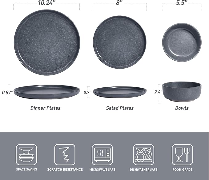 Famiware Milkyway Plates and Bowls Set 12 Pieces Dinnerware Sets and 4 Pieces Pasta Bowls Double Reactive Glaze Sturdy &amp Stackable Stoneware Dishes Set for 4 Matte Dark Charcoal