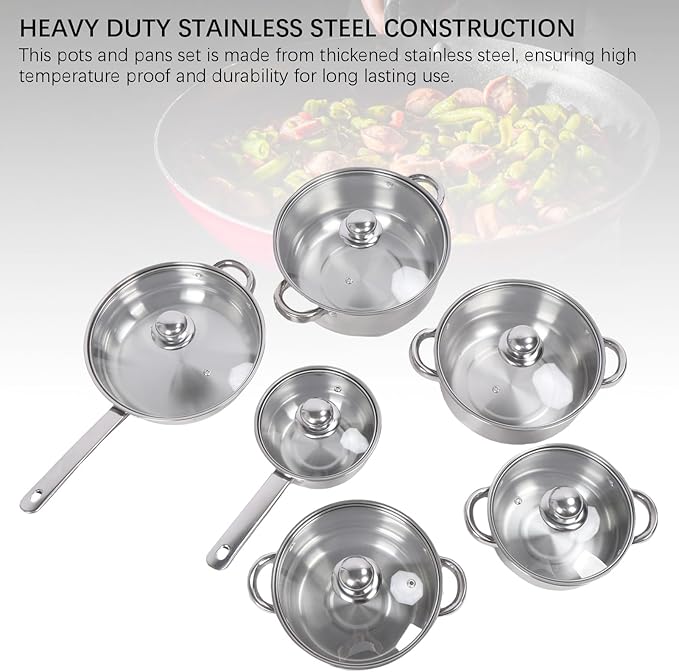 6 Pcs Stainless Steel Pots and Pans Set Kitchen Cookware Sets Nonstick Even Heating Cookware Set with Various Sizes