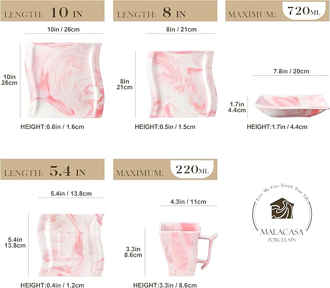 MALACASA Dinnerware Sets 30-Piece Pink Plates and Bowls Sets for 6 Porcelain Dinnerware Set with Plates and Bowls Cups and Sacuers Square Dish Set Modern Dining Ware Set Series Flora