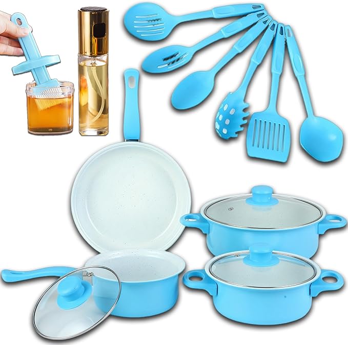 7-Piece Non-Stick Aluminum Cookware Set - Pots and Pans Pot &amp Pan Sets Nonstick with Lids for Frying Boiling Stewing &amp Sauteing (Blue)
