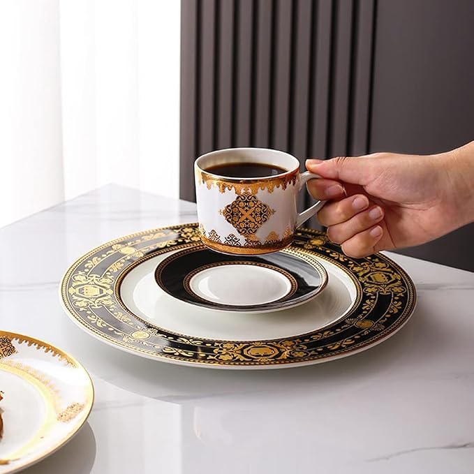 24 Piece Dinnerware Sets for 6 Bone China dishes set with Dinner Plate coffee cups and saucersScratch Resistant Dishwasher Safegold