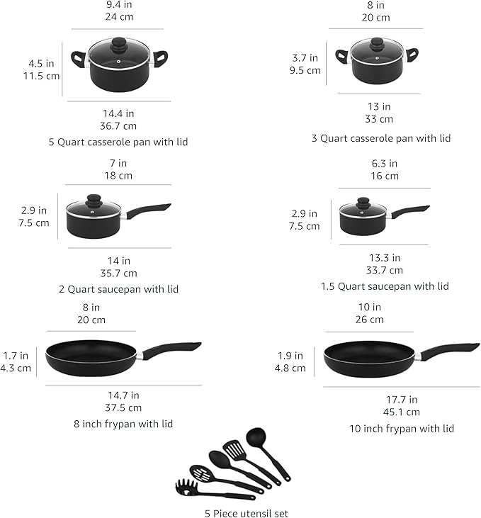 Amazon Basics Non-Stick Kitchen Cookware 15-Piece Set with Stay-Cool Handles Even Heating Non-Induction Includes Pots Pans and Utensils Black