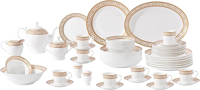 Lorren Home Trends 57 Piece Bone China Dinnerware Set Gold Greek Key Design Service for 8