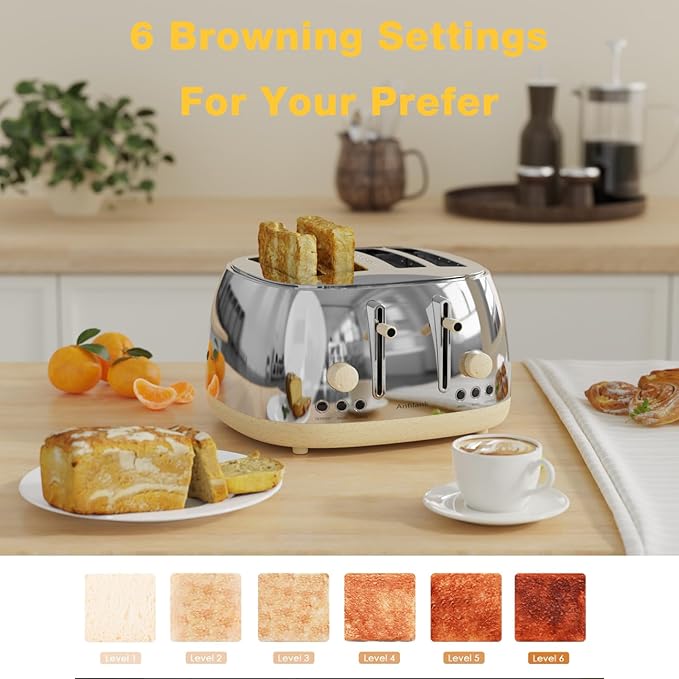Toaster 4 SliceRetro Stainless Steel Toaster with Extra Wide Slots Dual Independent Control Panel Cancel Bagel Defrost Function Removable Crumb Tray (Silver)
