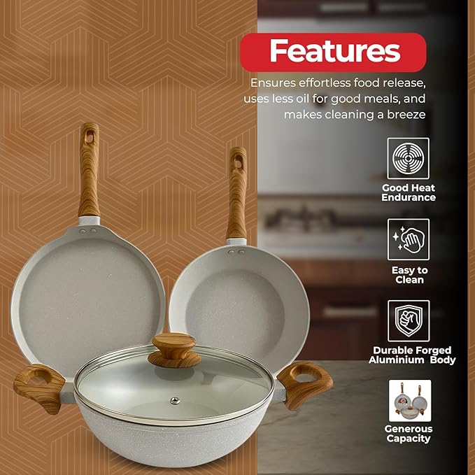 SALFORD Non-Stick Pots and Pans Cookware Set (3+1 piece)- Kitchen Cooking Sets Aluminium Deep Frying Pan + Skillet + Crepe pan Induction Compatible &amp Gas (PFOS PFOA Free)