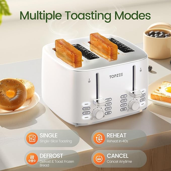 Topzee 4 Slice Toaster with Dual Independent Control 1.5” Wide Slots for Bagel Muffin Waffle Gluten Free Bread 7 Shade Settings Defrost &amp Reheat Stainless Steel Easy Clean White