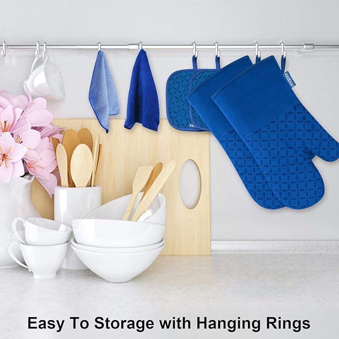 KEGOUU Oven Mitts and Pot Holders 6pcs Set Kitchen Oven Glove High Heat Resistant 500 Degree Extra Long Oven Mitts and Potholder with Non-Slip Silicone Surface for Cooking (Royal Blue)