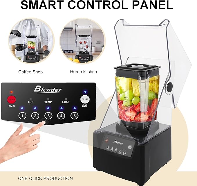 Quiet Commercial Blender With Soundproof Shield 2200 Watt Professional Blenders For Kitchen With 6-Blade Diamond Turbine Cutter And Self-Cleaning For Juice Bars/Household Smoothie Making