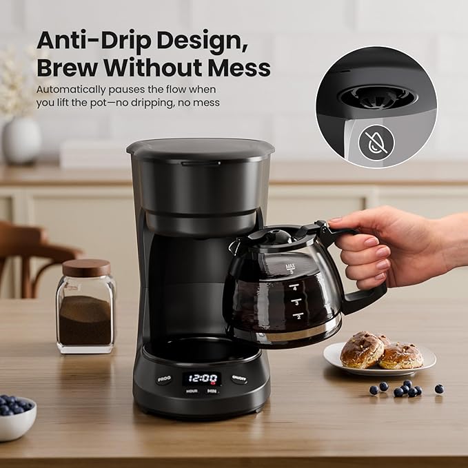 Kismile Compact Drip Coffee Maker Anti-Drip System Timer Removable Funnel &amp Auto Shut-Off Anti-Dry Protection Perfect Small Coffee Machine for Home &amp Office (Black)