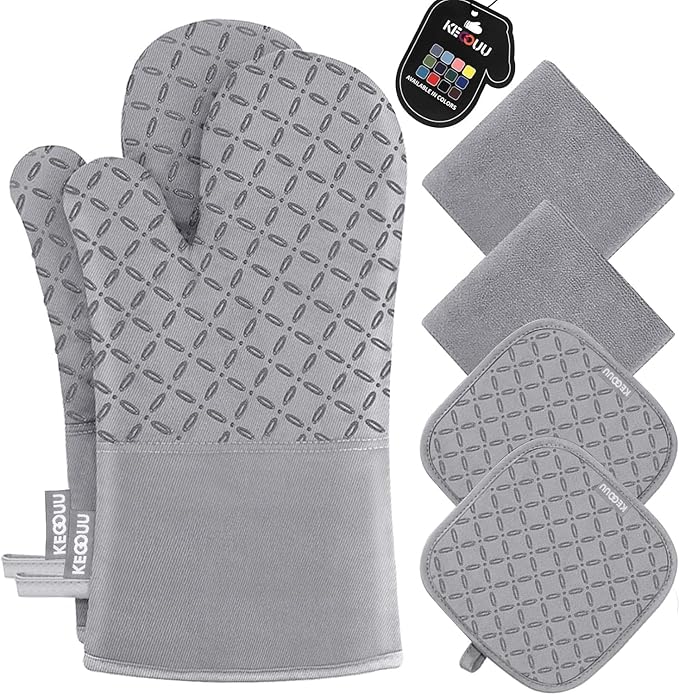 KEGOUU Oven Mitts and Pot Holders 6pcs Set Kitchen Oven Glove High Heat Resistant 500 Degree Extra Long Oven Mitts and Potholder with Non-Slip Silicone Surface for Cooking (Light Gary)
