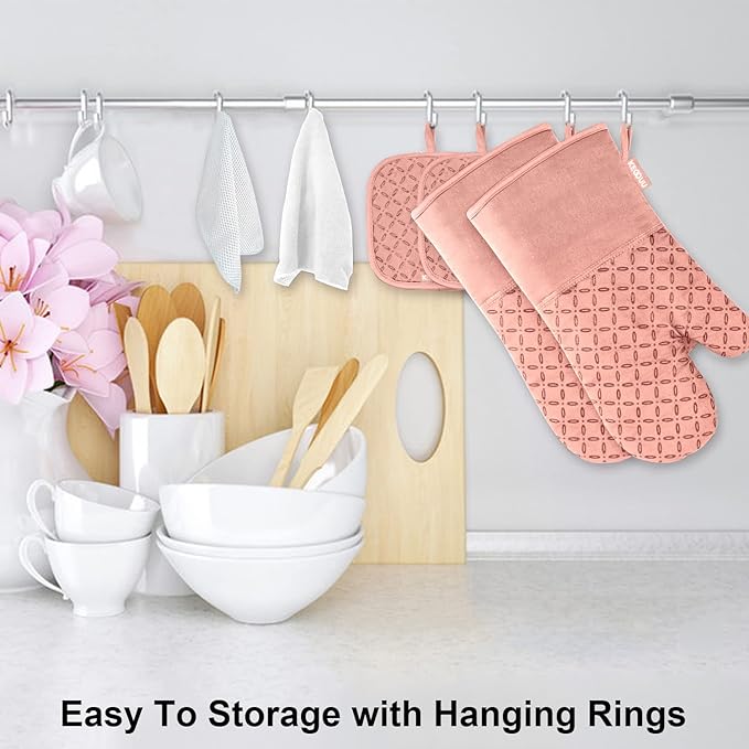 KEGOUU Oven Mitts and Pot Holders 6pcs Set Kitchen Oven Glove High Heat Resistant 500 Degree Extra Long Oven Mitts and Potholder with Non-Slip Silicone Surface for Cooking (Pink)
