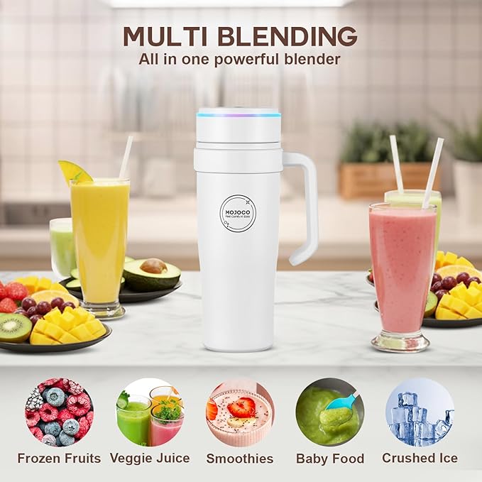 MOJOCO Portable Smoothie Blender – 30oz Personal Blender with Insulated Cup for Smoothies &amp Shakes – Rechargeable/Cordless Leakproof Food-Grade Small Juice Maker for Home Office Gym Travel R