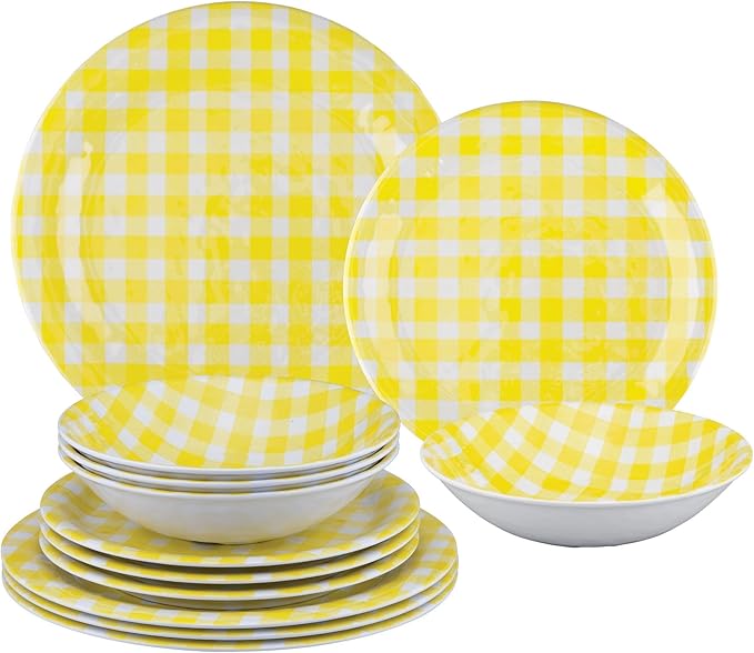 UPware 12 Piece Gingham Melamine Dinnerware Sets Outdoor Dishes Set Plates and Bowls Sets Service for 4 Yellow