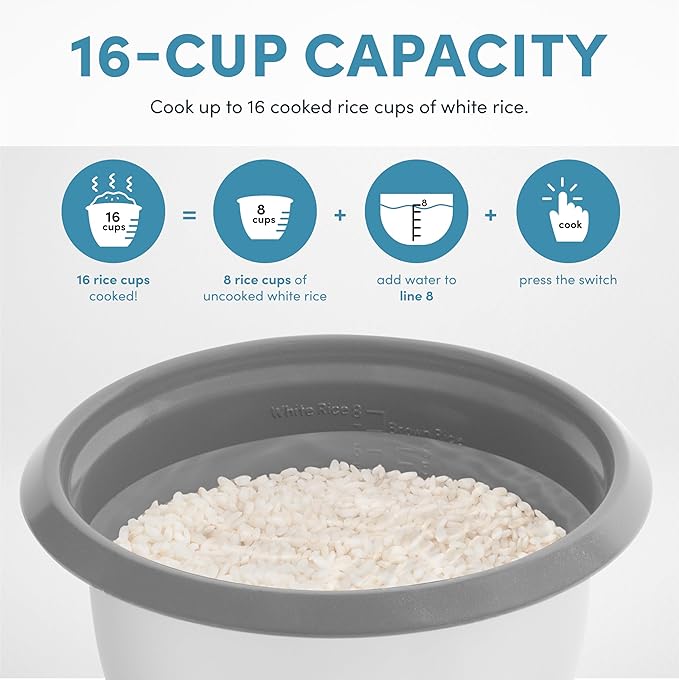 AROMA® Rice Cooker 8-Cup (Uncooked) / 16-Cup (Cooked) Pot-Style Rice Cooker and Soup Warmer with One-Touch Control 4 Qt White ARC-368NG