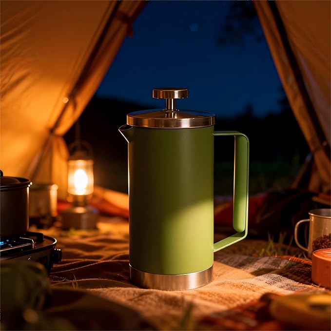 Stainless Steel French Press Coffee Maker 21OZ 600ml Coffee Press Tea Press for Personal Office TravelCamping (Green 1-3 Cups)