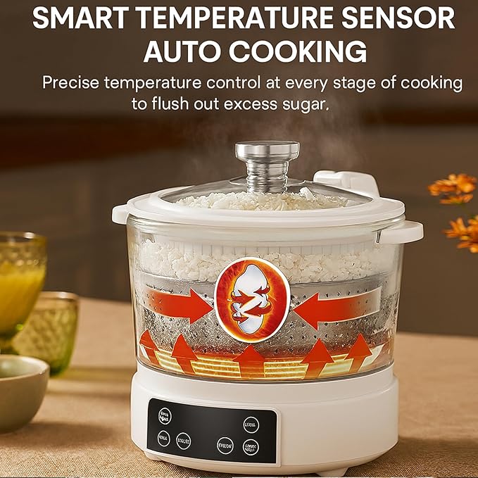 Low Carb Rice Cooker with Lifting Sugar Removal 3L Stainless Steel Low Sugar Digital Steamer Touch Control Smart Electric Cooker with Steamer Basket for Healthy MealsWhite