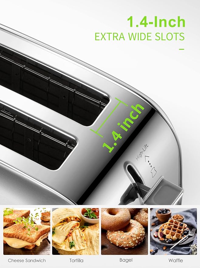 Yabano Retro Bagel Toaster - 2 Slice 2 Extra Wide Slots 7 Shade Settings Defrost/Bagel/Cancel Removable Crumb Tray Stainless Steel Silver