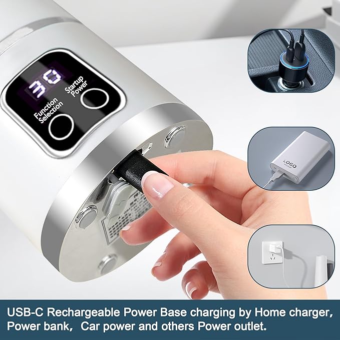 Portable blenderUSB-C rechargeablePersonal compact travel juicer cup15OZ for Shakes SmoothiesFresh juiceSelf-cleaningLeakproof lid Smart time display12 bladeswith strong blending White