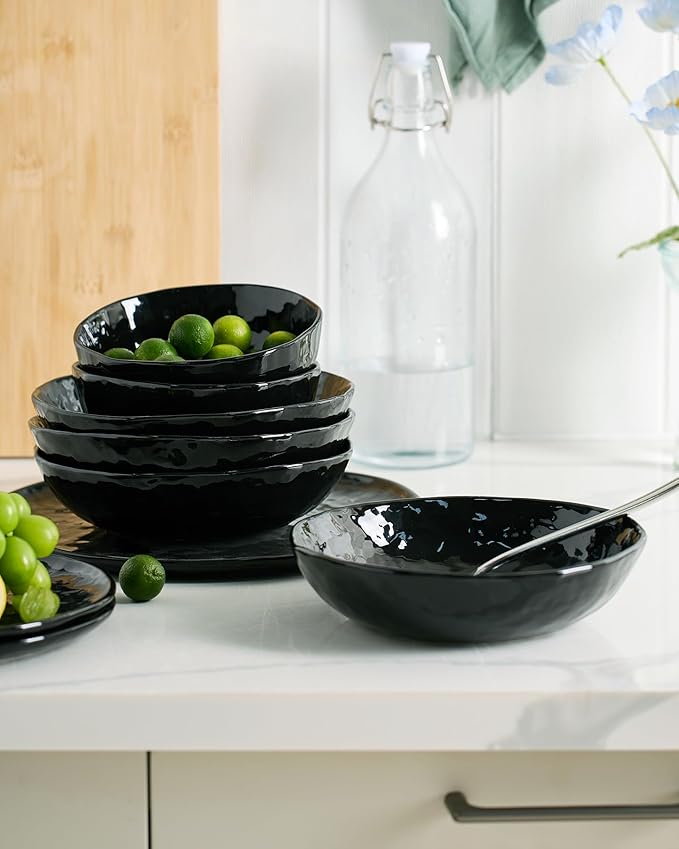 Famiware Porcelain kitchen plates and bowls set Modern dishes set for 6 Handmade Wave Edge Dinnerware Sets Microwave and Dishwasher Safe Tableware Glossy-black (24pc)