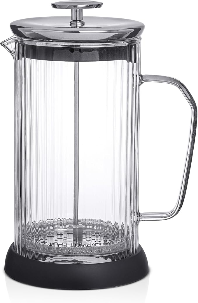 JoyJolt Fluted French Press Coffee and Tea Maker Set 33.8oz Stainless Steel Press Borosilicate Glass Coffee Press Cold Brew Portable French Press Tea Press Large clear