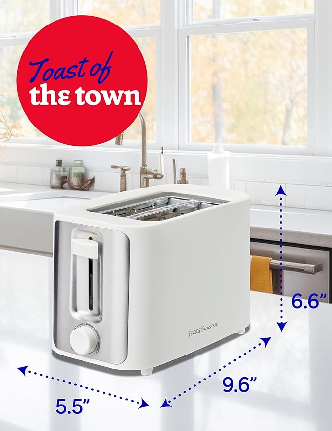 Betty Crocker 2-Slice Toaster 900W Variable Toast Shade Control High Lift Feature Cool Touch Housing Bread Centering Guides Drop Down Crumb Tray BC-5632W White